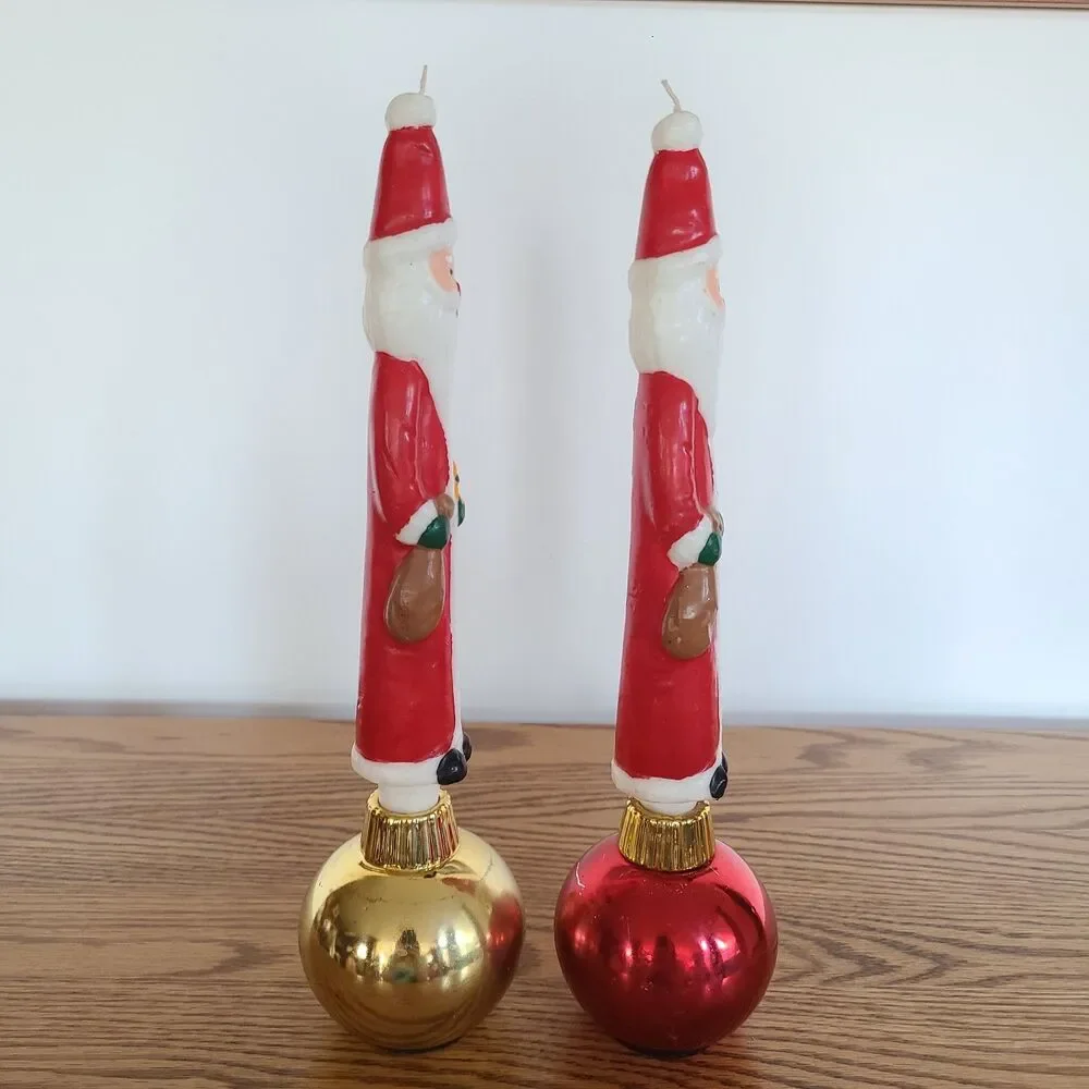 Two Vintage Santa Claus Character Candles In Christmas Ornament Candle Holders